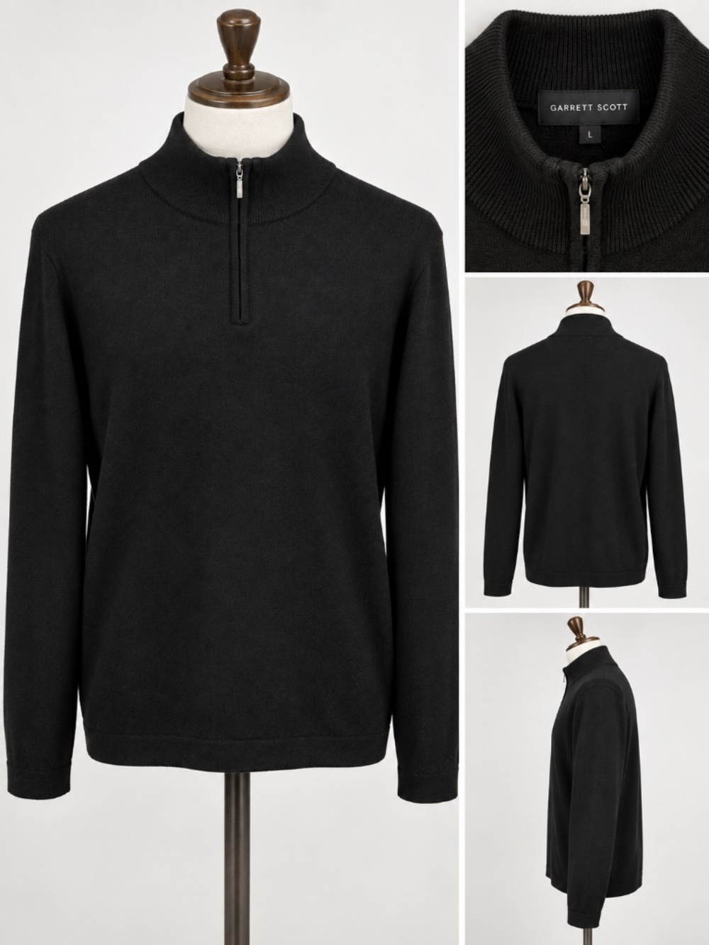 Garrett Scott Mens Extra Fine Merino Wool 1/4 Zip Mock Neck Sweater Black L